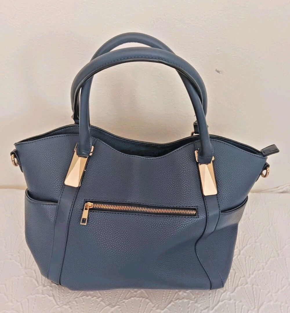 Mia K Collection Navy Blue Satchel Handbag Gold Tone Hardware Zip Pockets